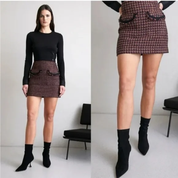 Veronica Beard Andriel Houndstooth Tween Mini Skirt Brown Black Navy Size 4 - Picture 3 of 10